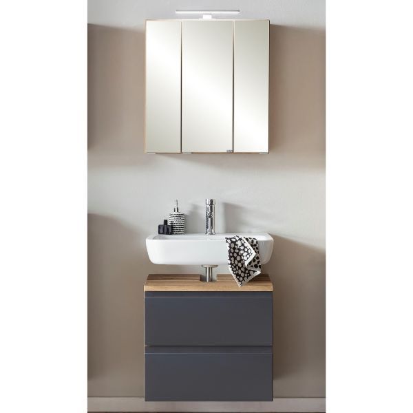 Ensemble de salle de bain Varese | lavabo et armoire de toilette avec éclairage | Design Wotan Oak/gris