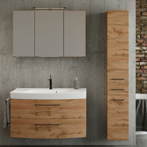 Ensemble de salle de bains Manchester | Meuble lavabo, meuble colonne, armoire de toilette avec éclairage | Chêne Wotan