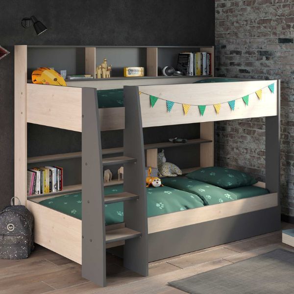 Lit superposé avec tiroir de rangement Leo | anthracite-brun