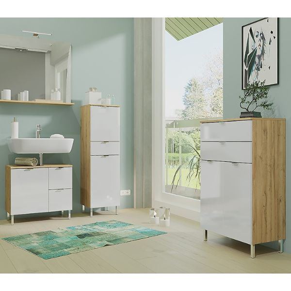 Ensemble de salle de bain Mauro | Meuble lavabo, meuble moyen, meuble colonne, miroir avec éclairage | Chêne Grandson