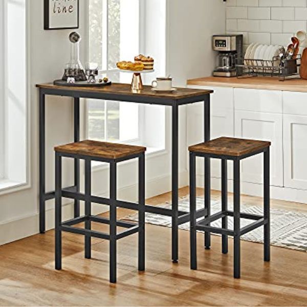 Ensemble table de salle à manger/bar avec tabourets, structure industrielle en acier, brun rustique/noir