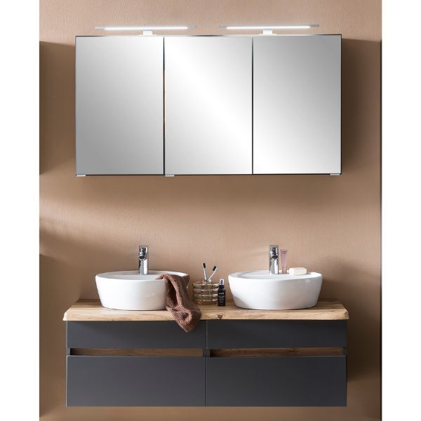 Ensemble de salle de bain Villach | Meuble double vasque et armoire de toilette avec éclairage | Design gris graphite
