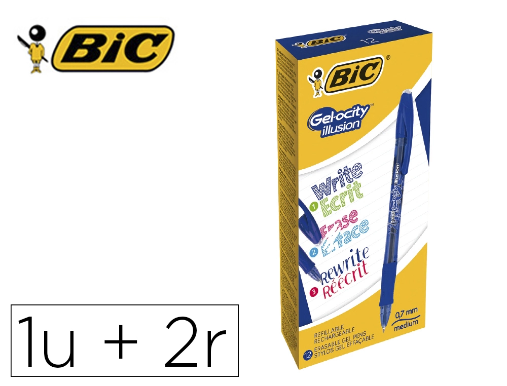 Roller bic gel-ocity illusion pointe moyenne 0,7mm grip caoutchouc encre effacable et rechargeable bleue + 2 recharges
