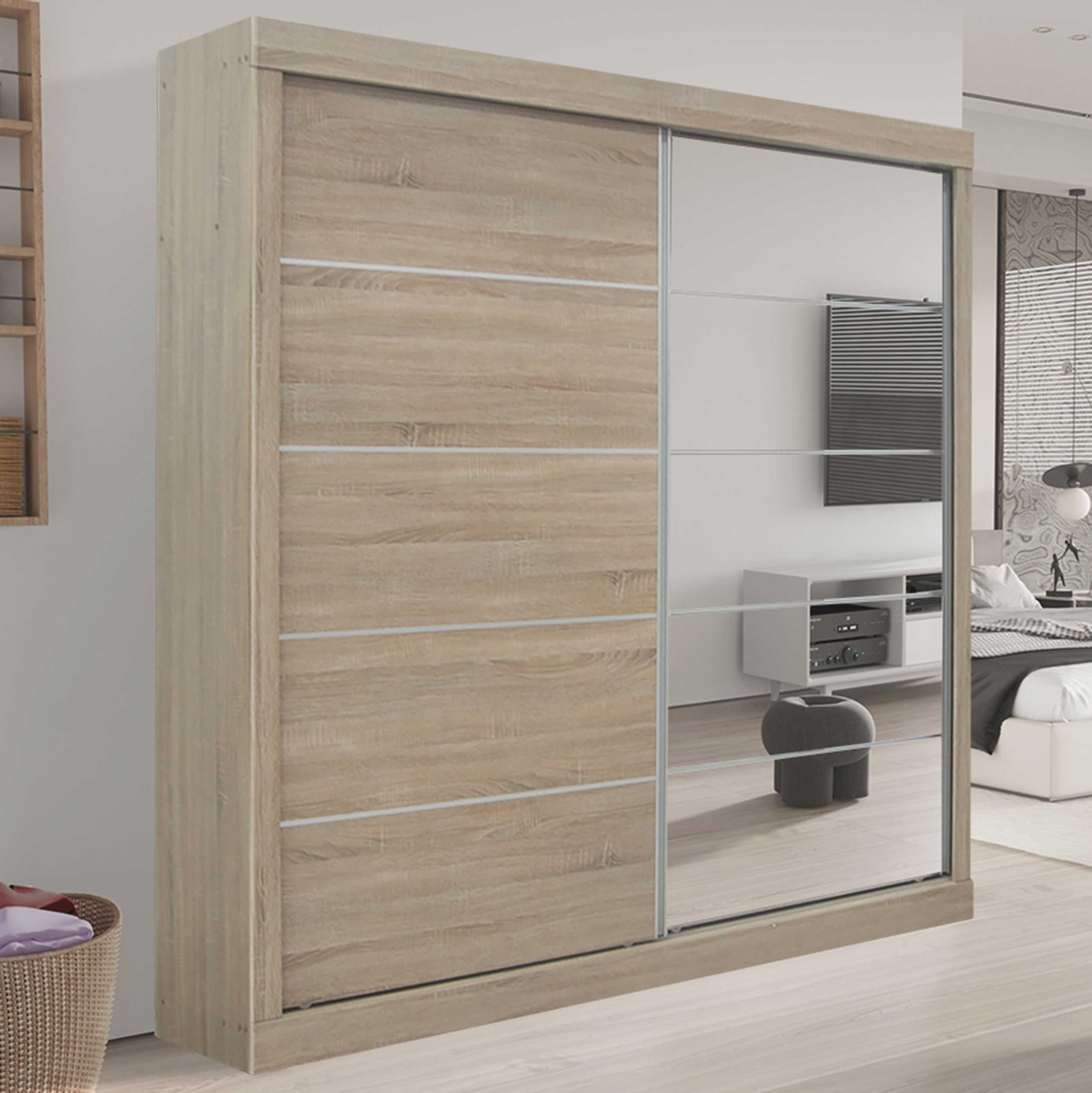 Armoire coulissante Mike avec porte-miroir | Sonoma, aggloméré, MDF | 197.5 x 182.5 x 52.5 cm