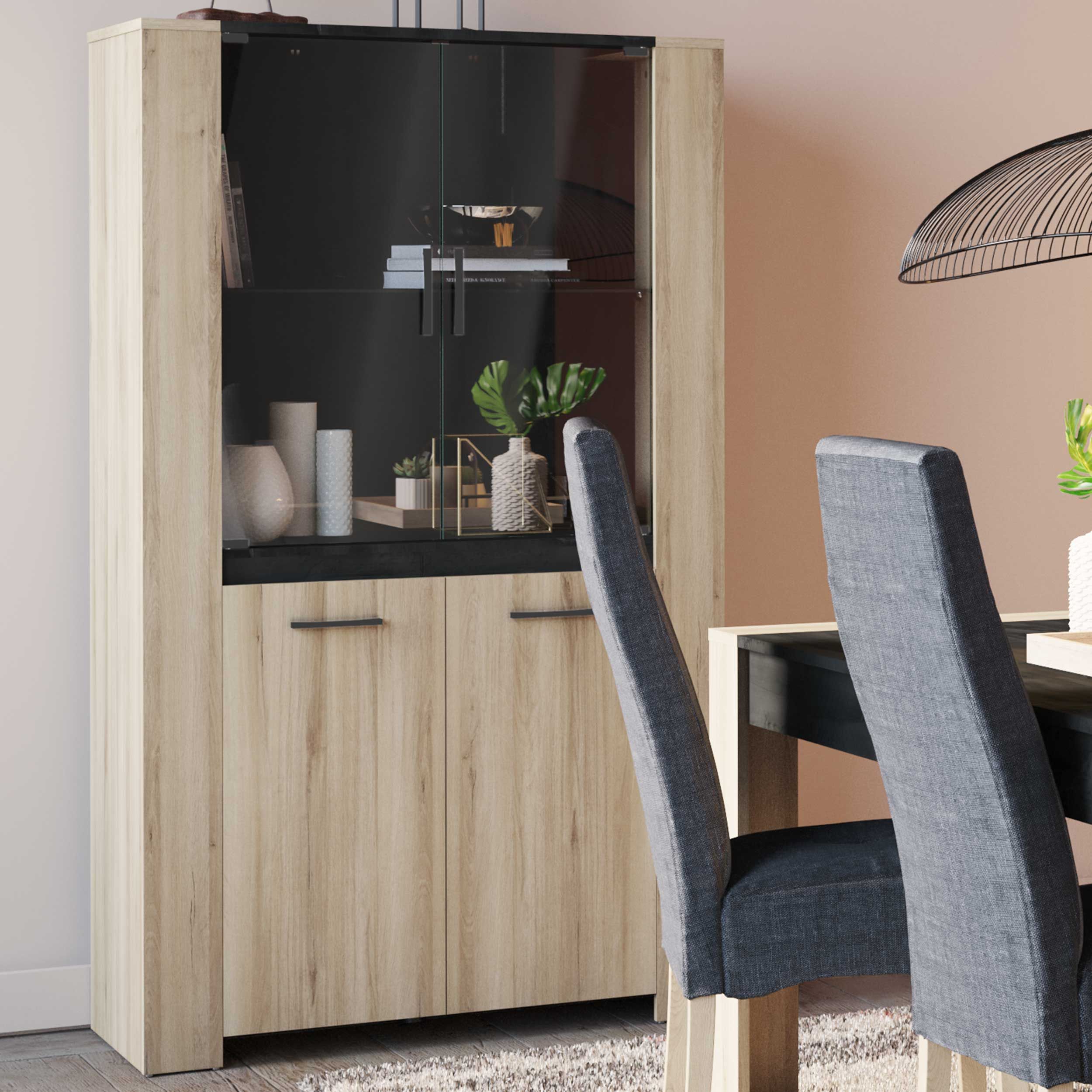 Vitrine Shane 4 portes tournantes et 2 étagères-Chêne Kronberg/Noir Sidewalk