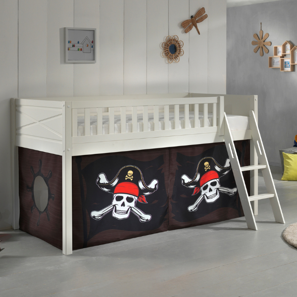 Lit mi-hauteur Scottie 90x200 cm avec rideau de jeu pirates-blanc