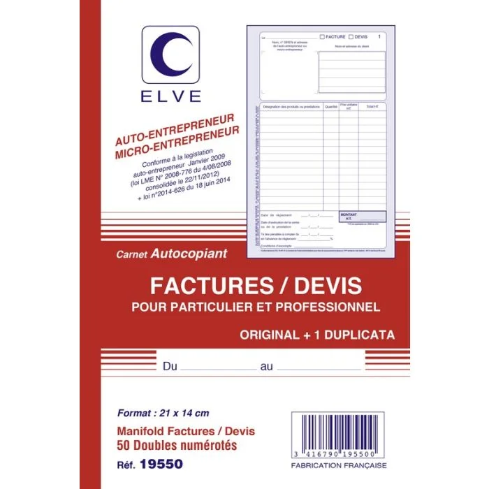 Auto-Entrepreneur Facture ou Devis Carnet autocopiant Dupli - 21 x 14 cm Elve