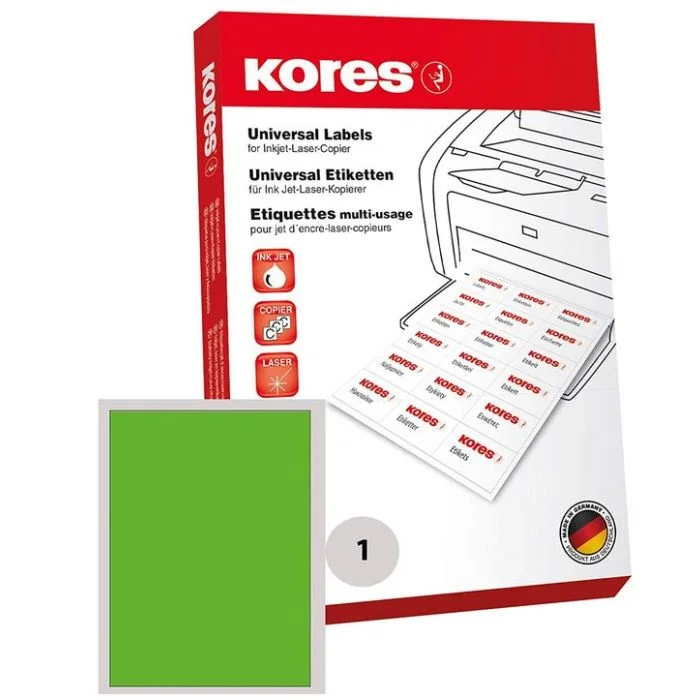 Etiquettes adhésives A4 - Vert - 210 x 297 mm KORES Lot de 100