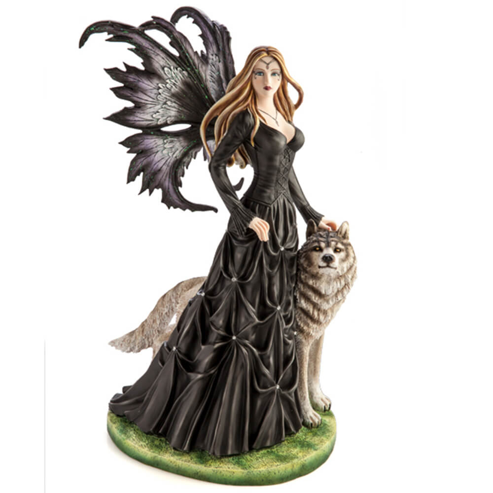 Grande princesse féerie noire avec figurine de loup blanc