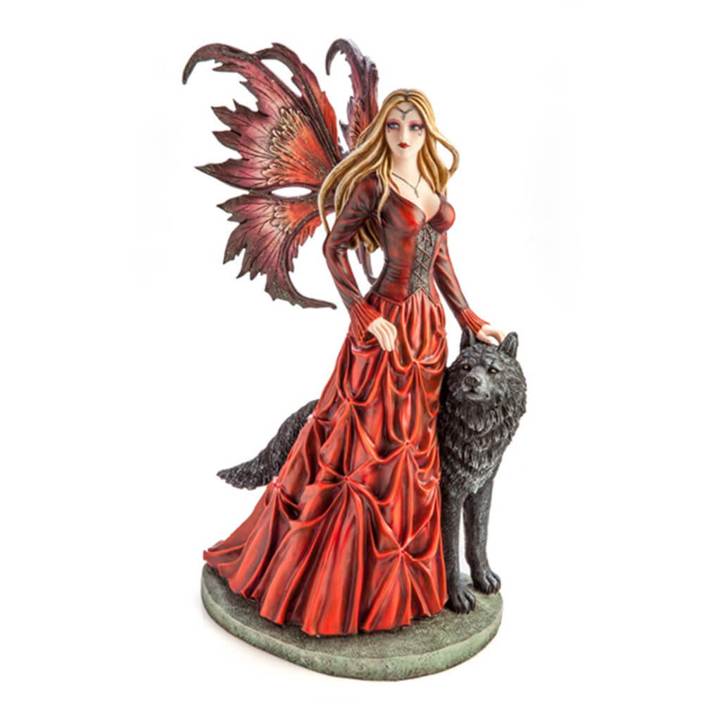 Grande princesse de fée rouge avec une figurine de loup noir