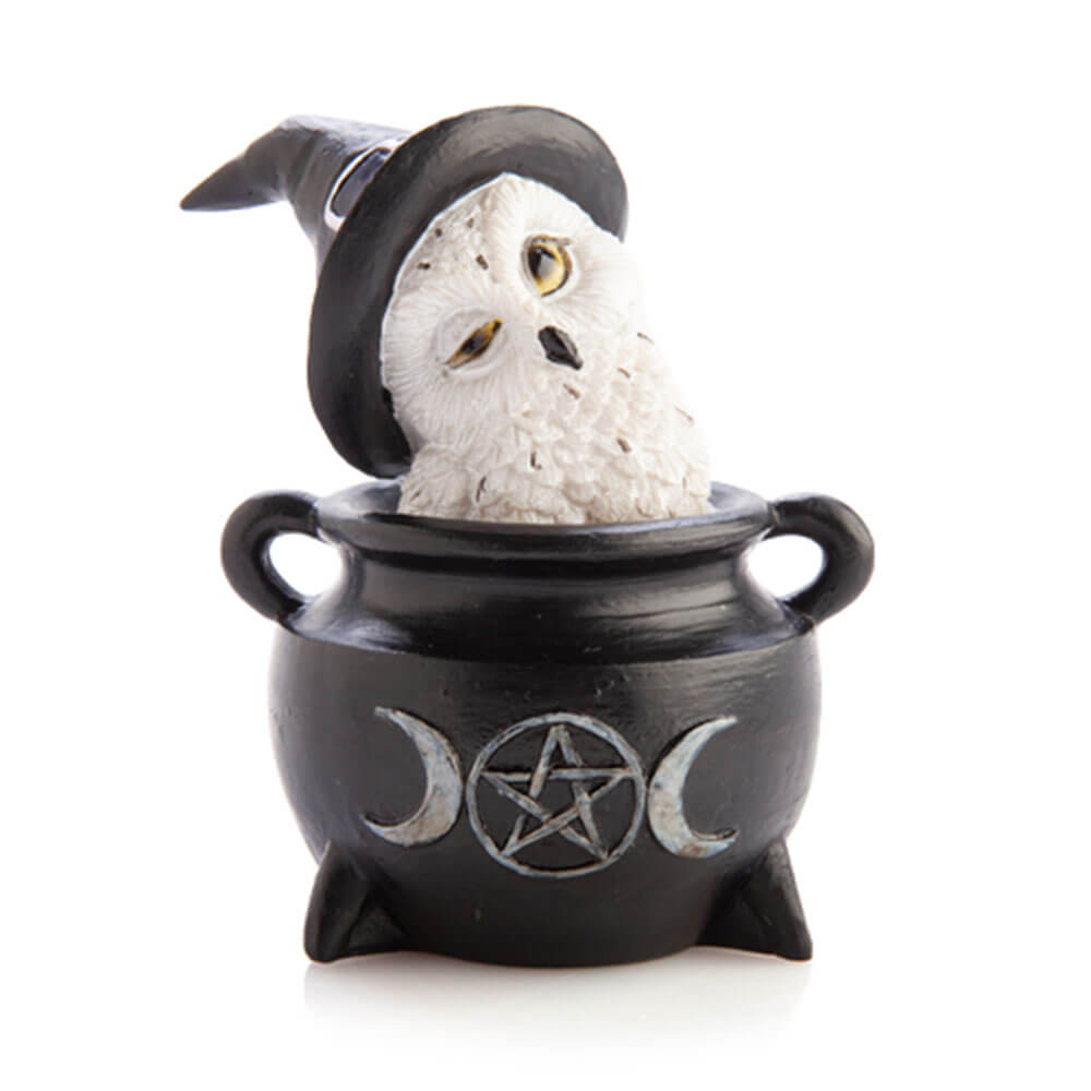 Figurine de chaudron de hibou enneigé