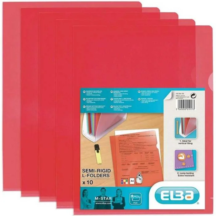 Lot de 10 Pochettes à coins A4 en PVC 0,15 - Rouge ELBA