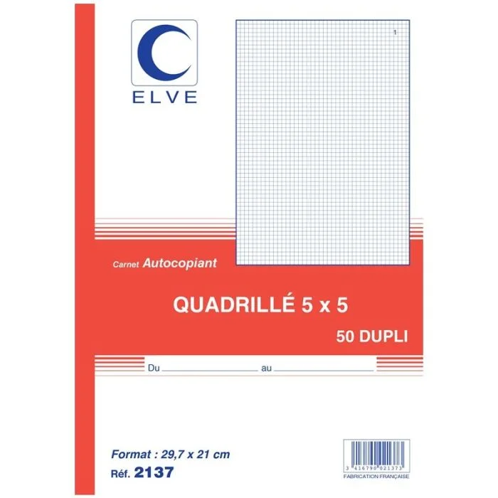 QUADRILLE Carnet 297 x 210 mm - A4 Autocopiant Dupli ELVE