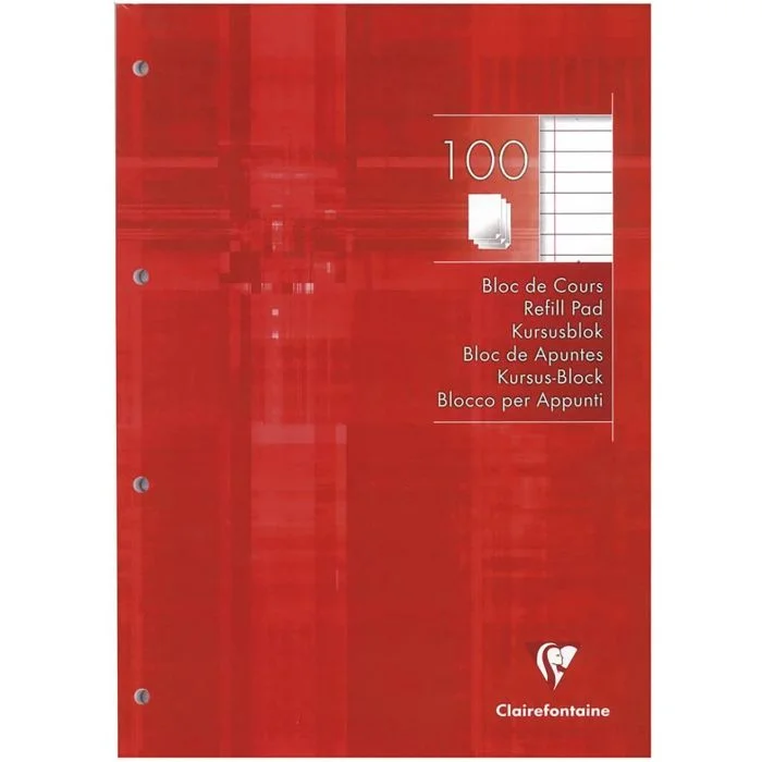 Bloc de Cours Ligné avec marge et perforé A4 - 200 pages CLAIREFONTAINE