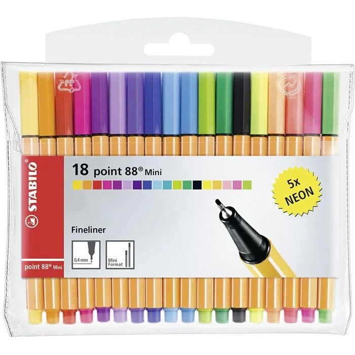 Lot de 18 stylos-feutres Fineliner point 88 Mini Fluo STABILO