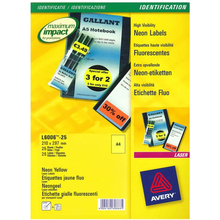 Étiquettes amovibles - Jaune fluo - 210 x 297 mm AVERY Lot de 25