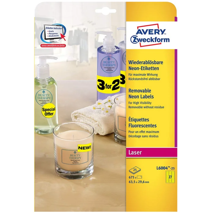 Étiquettes amovibles - Jaune fluo - 63,5 x 29,6 mm AVERY Lot de 675