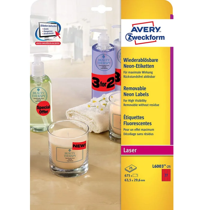 Étiquettes amovibles - Rouge fluo - 63,5 x 29,6 mm AVERY Lot de 675