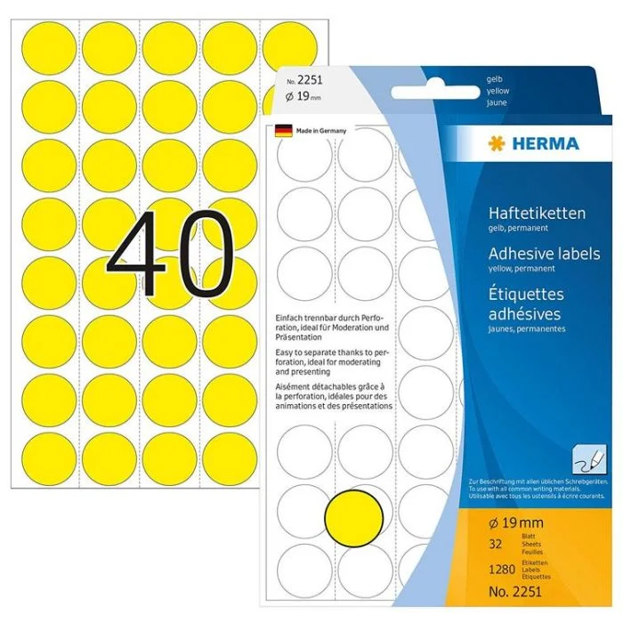 Etiquettes adhésives rondes - 19 mm - Jaune HERMA Lot de 1280