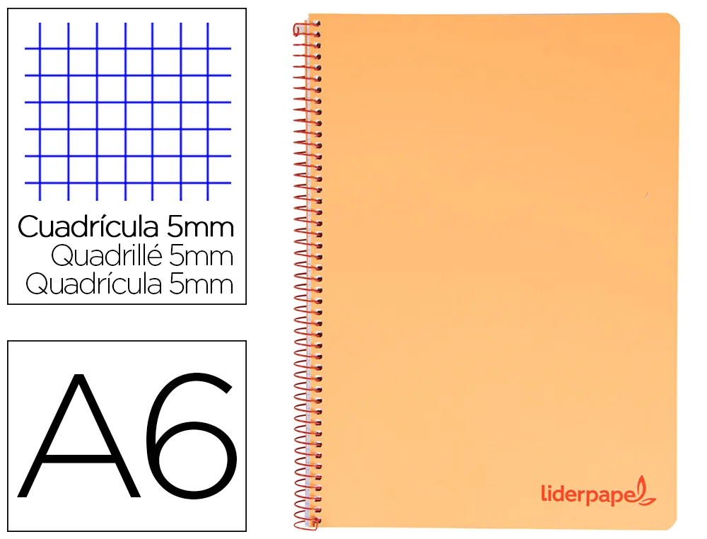 Cahier spirale liderpapel A6 micro wonder 240 pages 90g 5x5mm 4 bandes couleurs orange