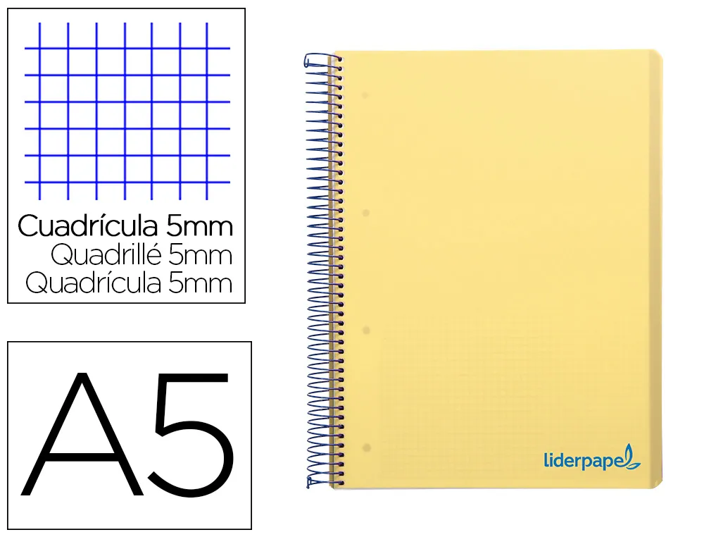 Cahier spirale liderpapel A5 micro wonder 240 pages 90g 5x5mm 6 trous 5 bandes couleurs jaune
