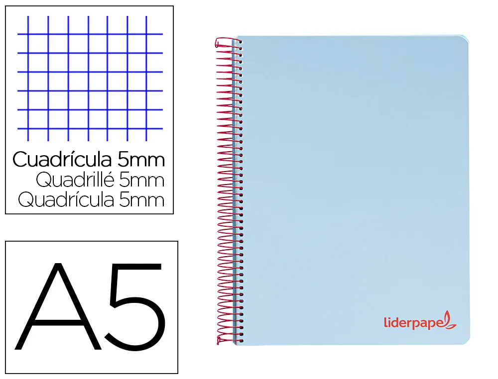 Cahier spirale liderpapel A5 micro wonder 240 pages 90g 5x5mm 6 trous 5 bandes couleurs bleu