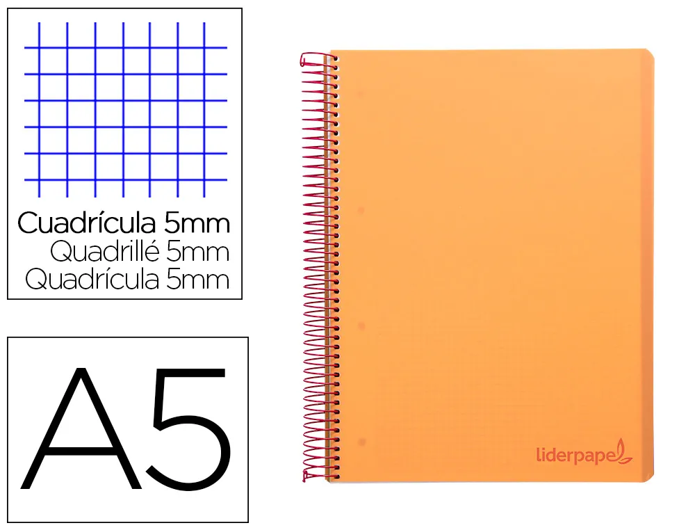 Cahier spirale liderpapel A5 micro wonder 240 pages 90g 5x5mm 6 trous 5 bandes couleurs orange