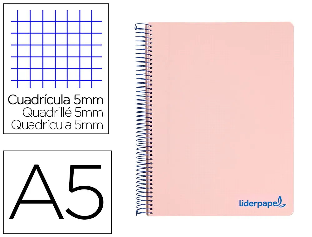 Cahier spirale liderpapel A5 micro wonder 240 pages 90g 5x5mm 6 trous 5 bandes couleurs rose