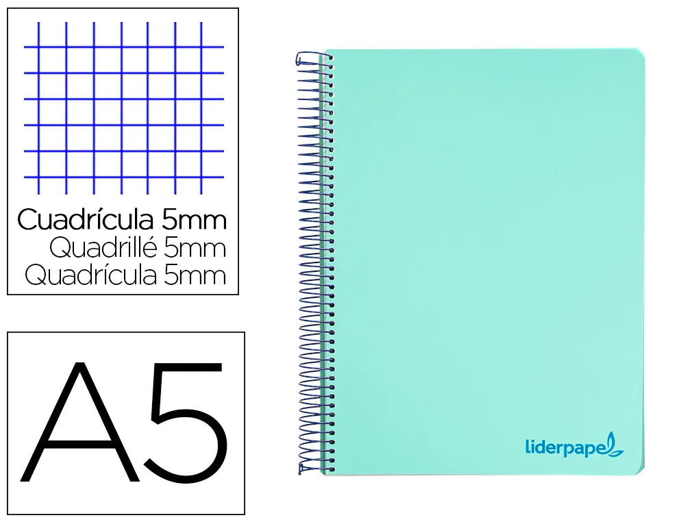 Cahier spirale liderpapel A5 micro wonder 240 pages 90g 5x5mm 6 trous 5 bandes couleurs vert