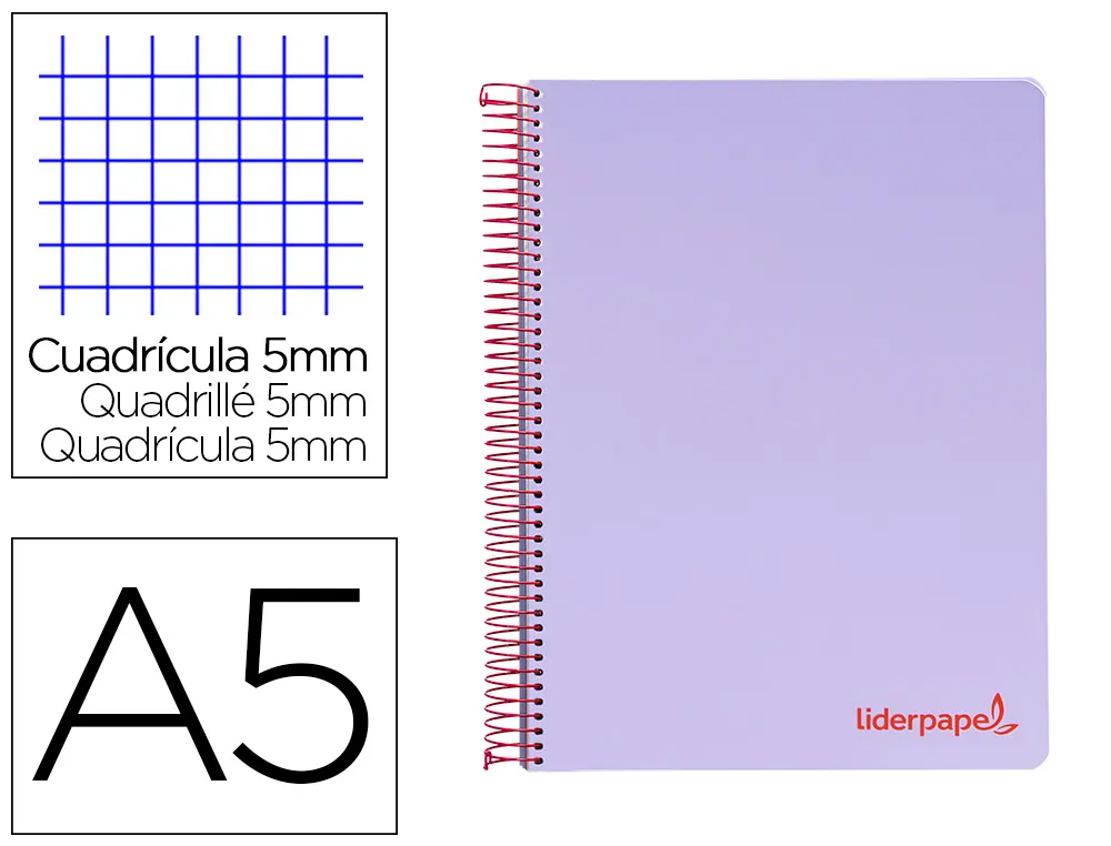 Cahier spirale liderpapel A5 micro wonder 240 pages 90g 5x5mm 6 trous 5 bandes couleurs violet