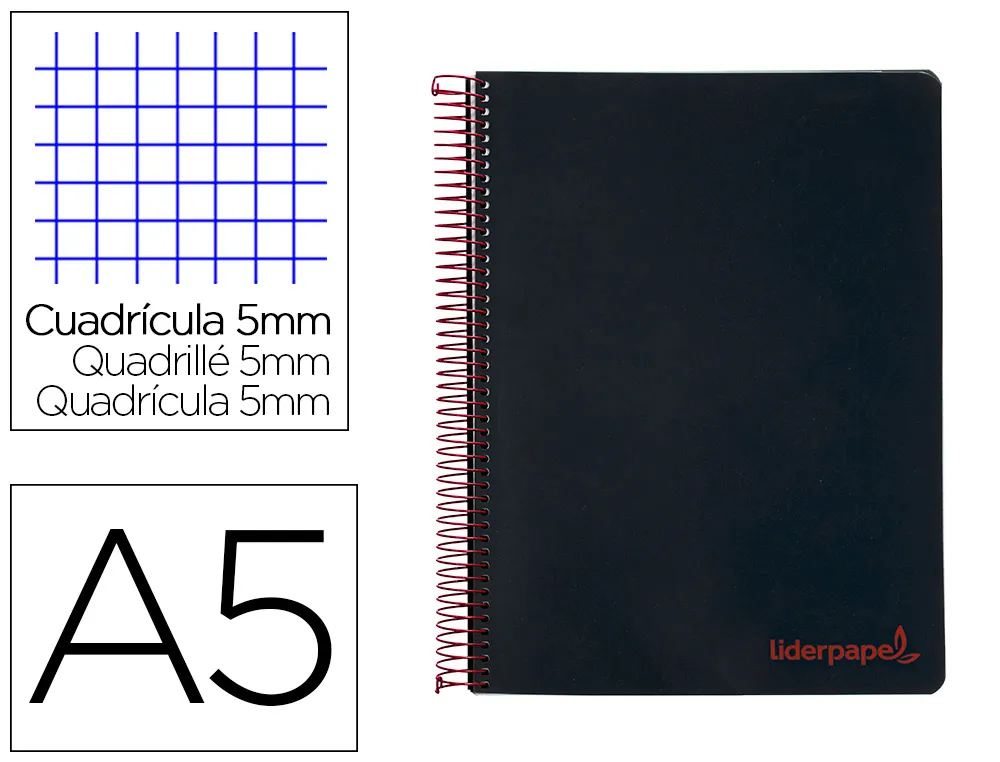 Cahier spirale liderpapel A5 micro wonder 240 pages 90g 5x5mm 6 trous 5 bandes couleurs noir