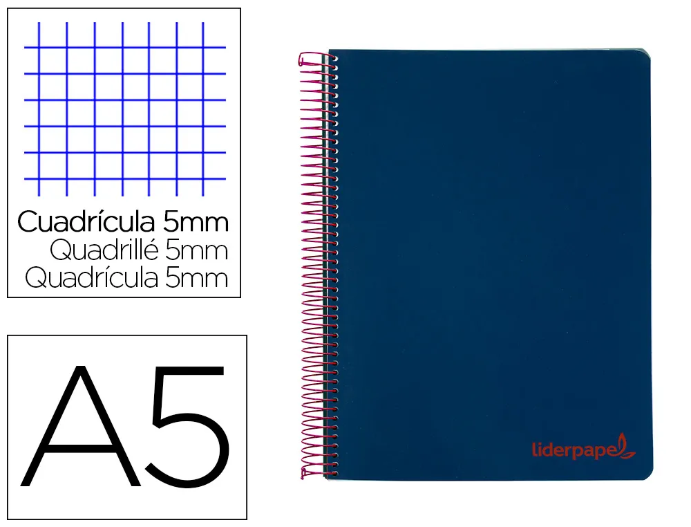 Cahier spirale liderpapel A5 micro wonder 240 pages 90g 5x5mm 6 trous 5 bandes couleurs bleu marine