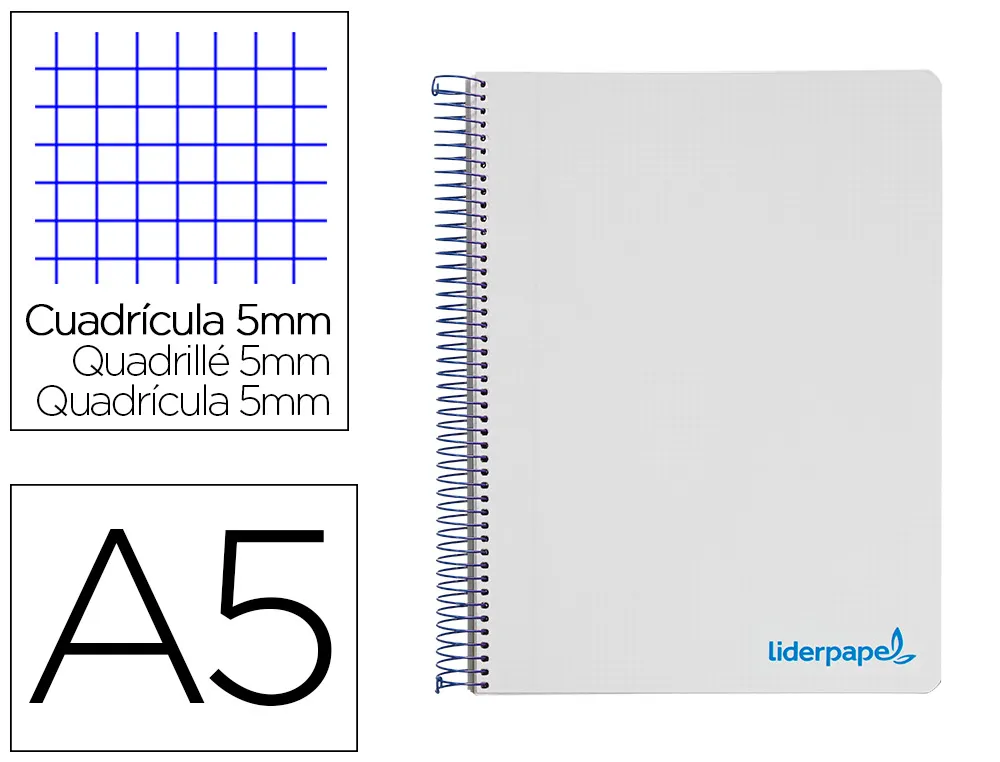 Cahier spirale liderpapel A5 micro wonder 240 pages 90g 5x5mm 6 trous 5 bandes couleurs gris