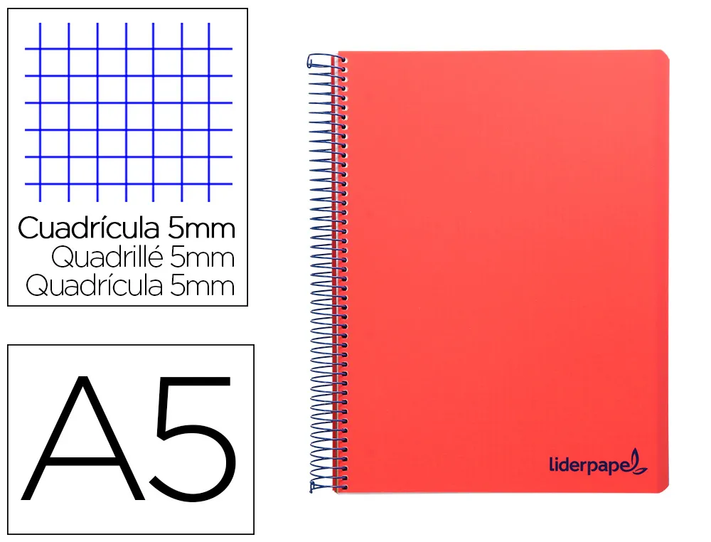 Cahier spirale liderpapel A5 micro wonder 240 pages 90g 5x5mm 6 trous 5 bandes couleurs rouge