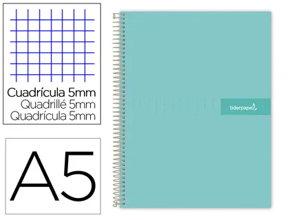 Cahier spirale liderpapel crafty couverture contrecollée A5 240p 90g 5x5mm microperforé 6 trous coloris turquoise