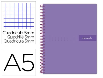 Cahier spirale liderpapel crafty couverture contrecollée A5 240p 90g 5x5mm microperforé 6 trous coloris violet