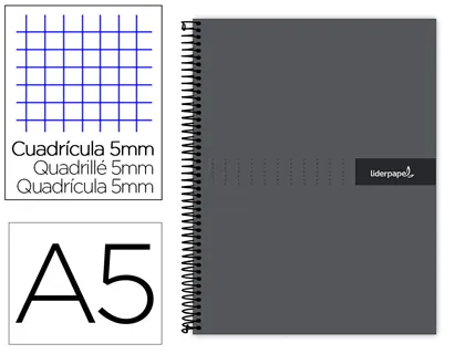 Cahier spirale liderpapel crafty couverture contrecollée A5 240p 90g 5x5mm microperforé 6 trous coloris noir