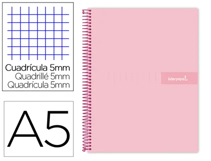 Cahier spirale liderpapel crafty couverture contrecollée A5 240p 90g 5x5mm microperforé 6 trous coloris rose
