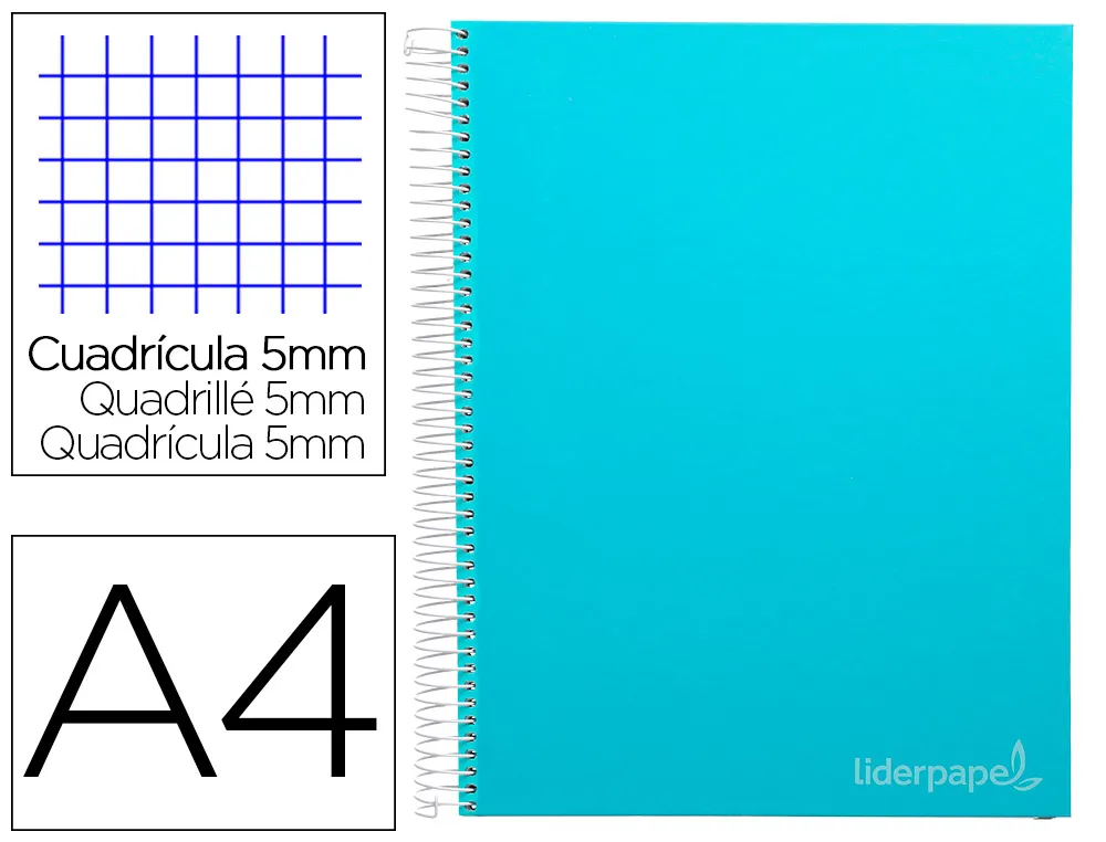 Cahier spirale liderpapel jolly couverture contrecollée A4 280p 75g 5x5mm microperforé 4 trous coloris bleu ciel