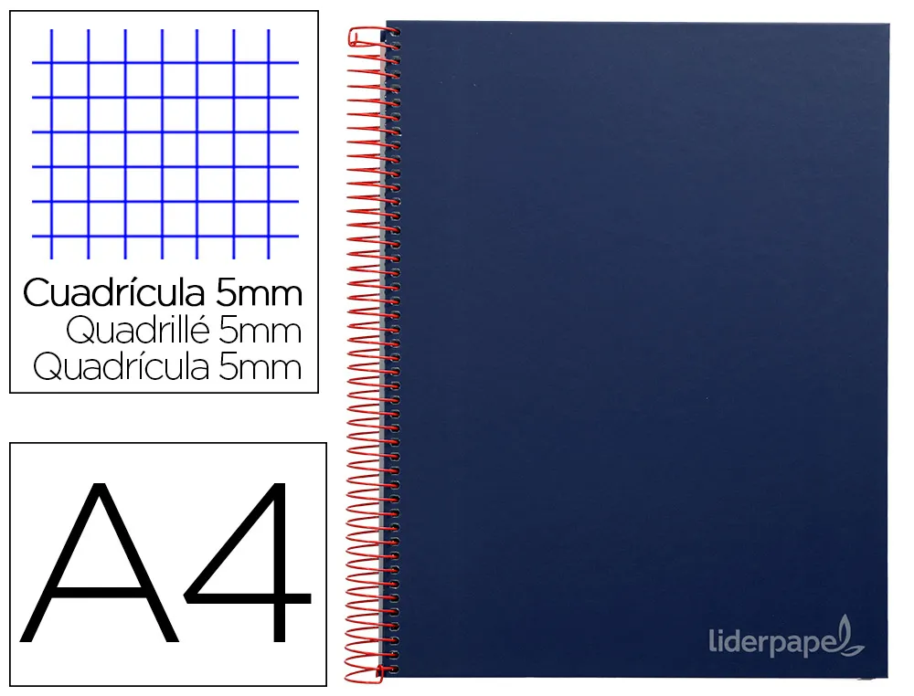 Cahier spirale liderpapel jolly couverture contrecollée A4 280p 75g 5x5mm microperforé 4 trous coloris bleu marine