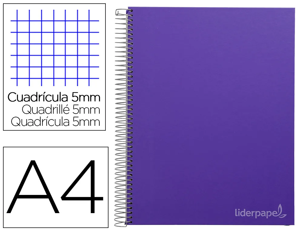 Cahier spirale liderpapel jolly couverture contrecollée A4 280p 75g 5x5mm microperforé 4 trous coloris violet