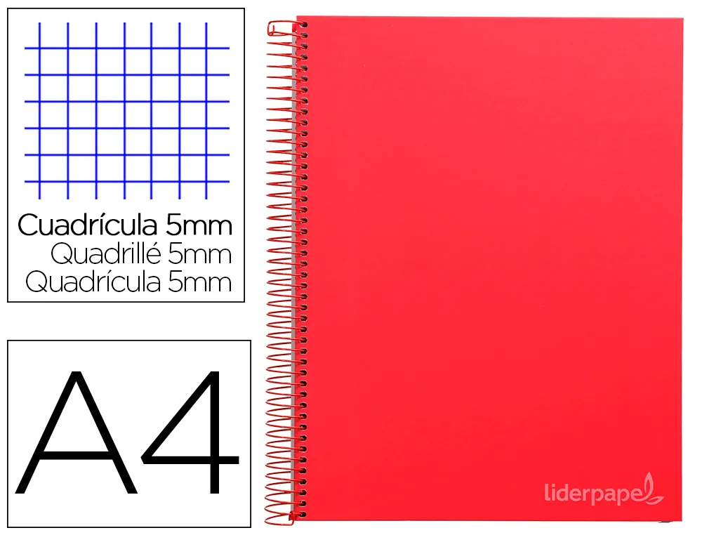 Cahier spirale liderpapel jolly couverture contrecollée A4 280p 75g 5x5mm microperforé 4 trous coloris rouge