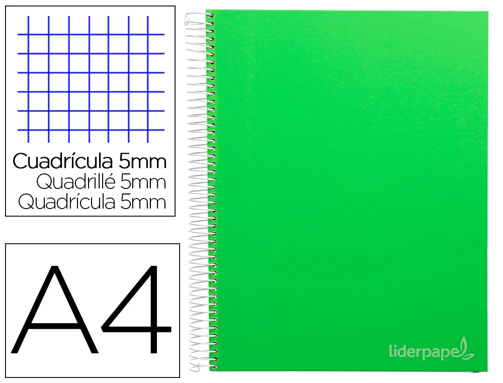 Cahier spirale liderpapel jolly couverture contrecollée A4 280p 75g 5x5mm microperforé 4 trous coloris vert