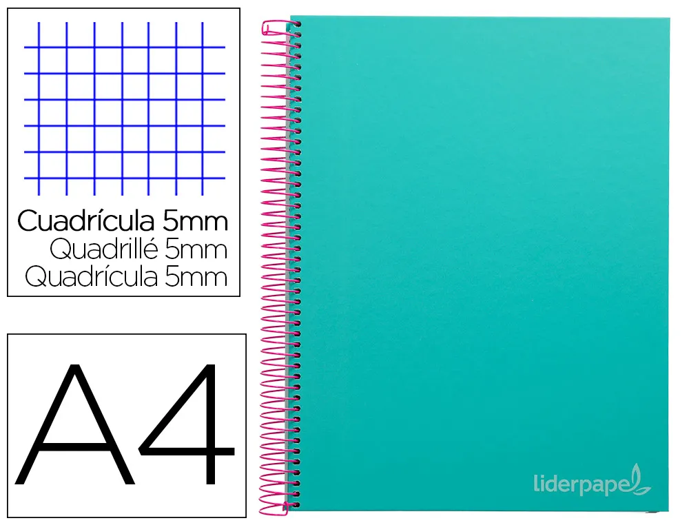 Cahier spirale liderpapel jolly couverture contrecollée A4 280p 75g 5x5mm microperforé 4 trous coloris turquoise