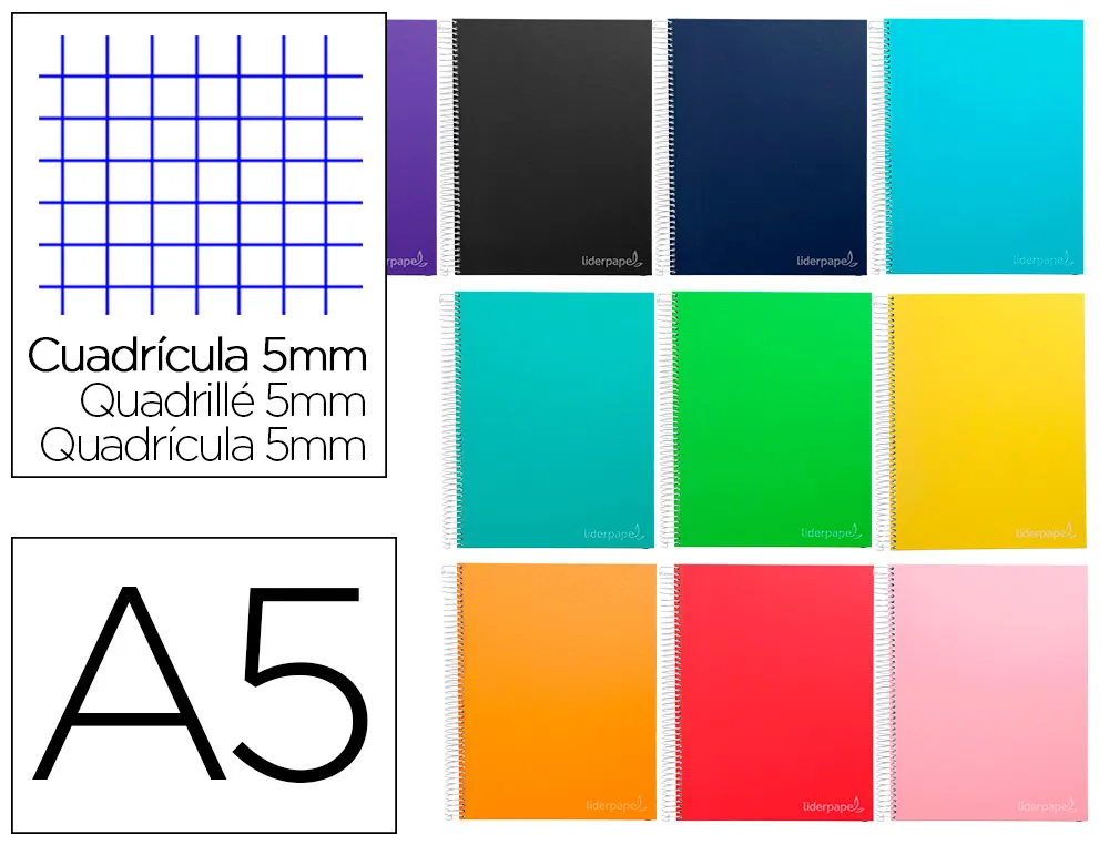 Cahier spirale liderpapel jolly couverture contrecollée A5 280p 75g 5x5mm microperforé 6 trous coloris assortis