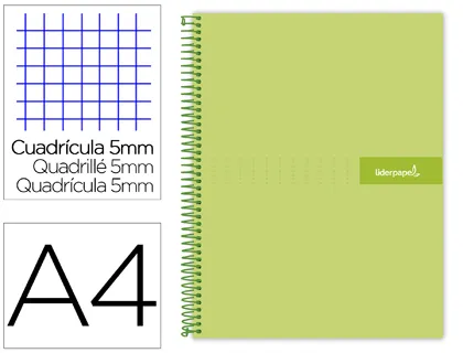Cahier spirale liderpapel crafty couverture contrecollée A4 240p 90g 5x5mm microperforé 4 trous coloris vert