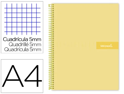 Cahier spirale liderpapel crafty couverture contrecollée A4 240p 90g 5x5mm microperforé 4 trous coloris jaune