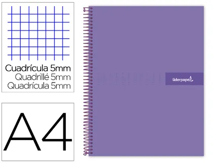 Cahier spirale liderpapel crafty couverture contrecollée A4 240p 90g 5x5mm mnicroperforé 4 trous coloris violet