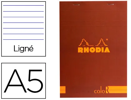 Bloc agrafé rhodia color n.16 A5 14.8x21cm couverture pelliculée 70f 90g ligné microperforé coloris rouille