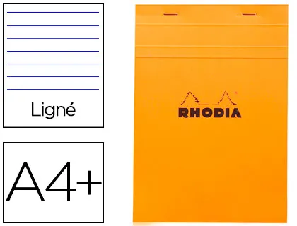 Bloc bureau rhodia A4+ papier vélin surfin couverture enduite enveloppante 210x320mm 80f détachables 80g ligné orange